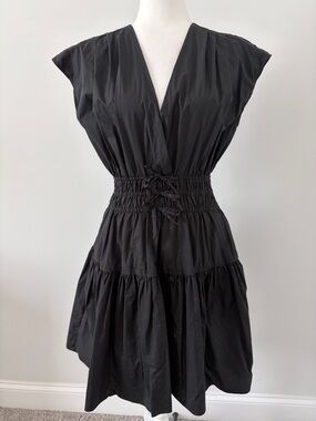 Smocked Waist V-Neck Mini Dress in Black